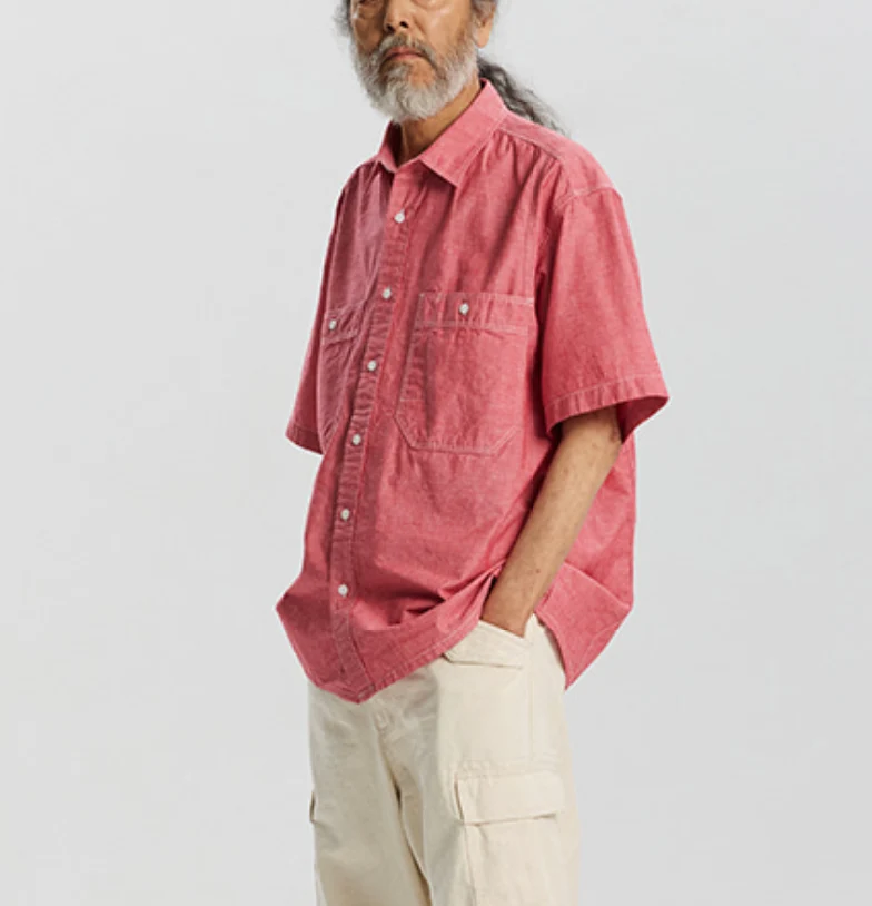 CHAMBRAY BIG POCKET HALF SHIRT - RED - Image 7