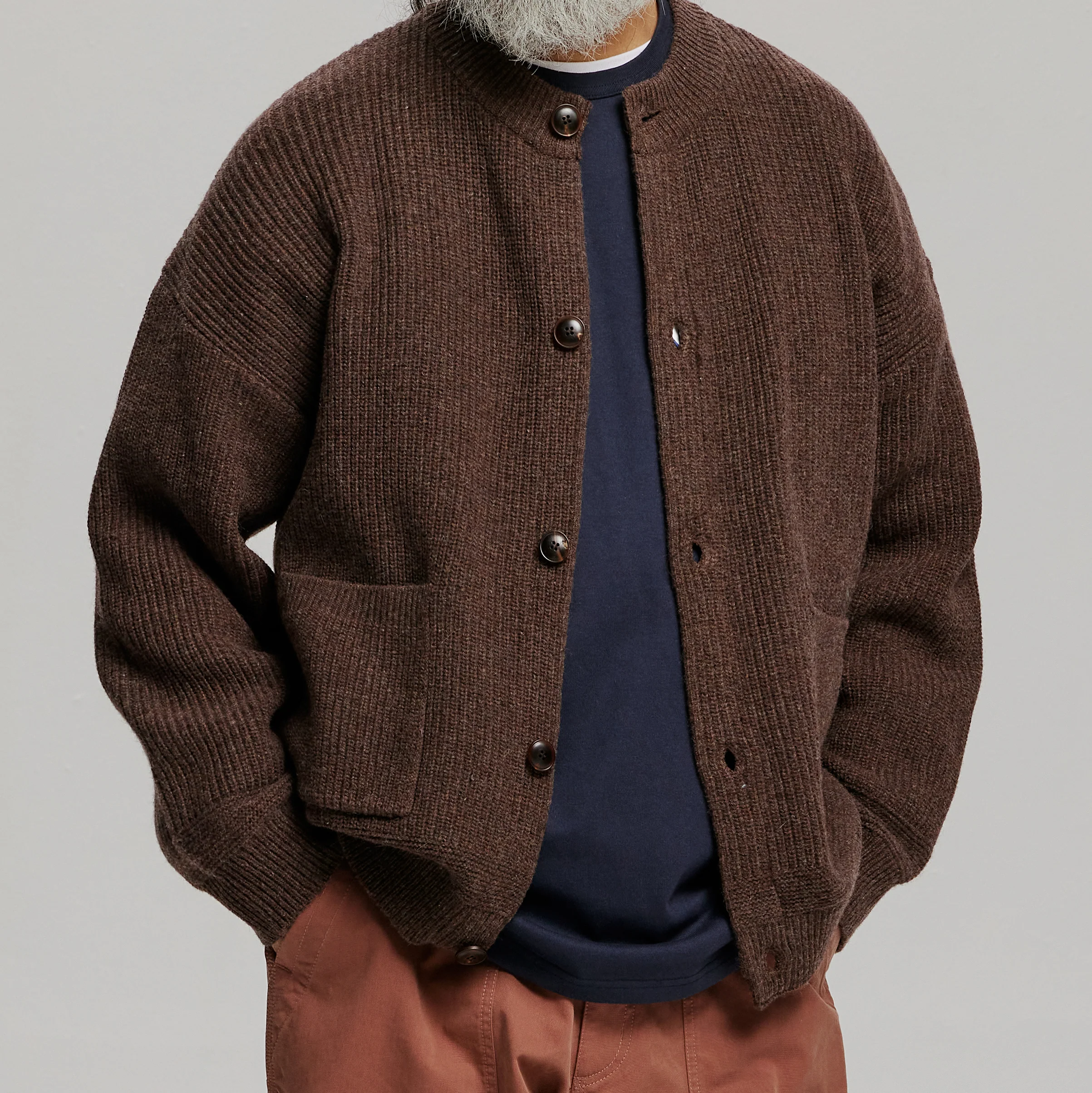 HEAVY WOOL ROUND CARDIGAN - CHOCO BROWN - Image 8