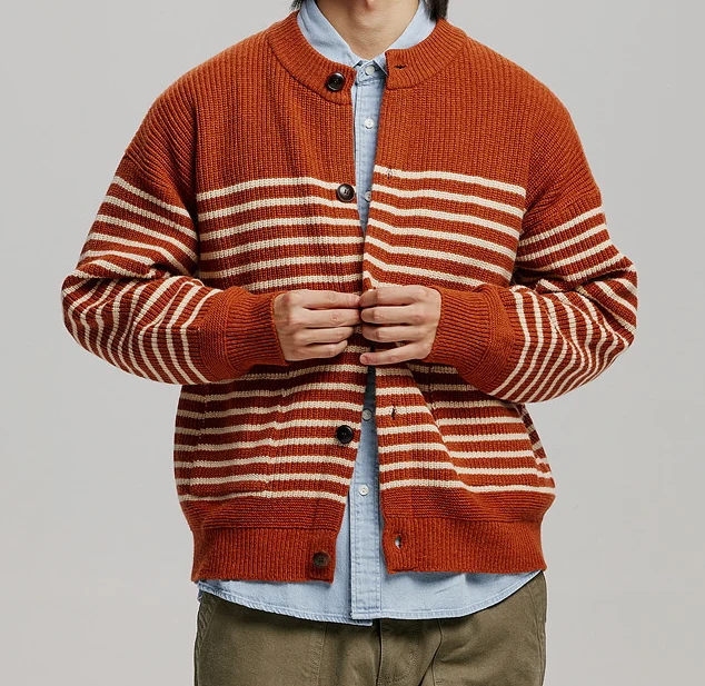 WOOL STRIPE ROUND CARDIGAN - BRICK - Image 4