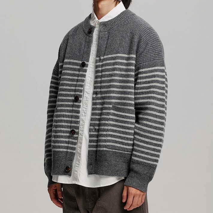WOOL STRIPE ROUND CARDIGAN - CHARCOAL - Image 3