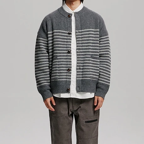 WOOL STRIPE ROUND CARDIGAN - CHARCOAL - Image 4