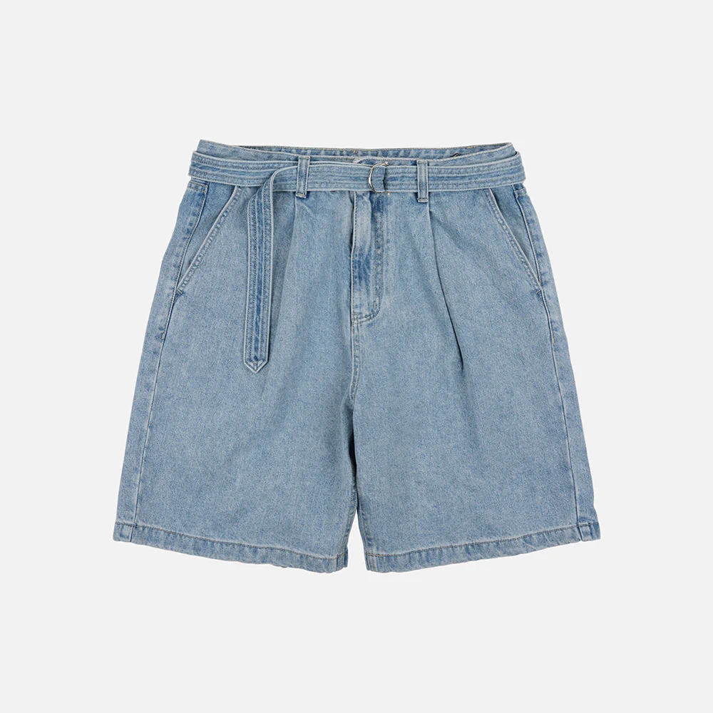 LYOCELL BELTED DENIM SHORTS - LIGHT BLUE