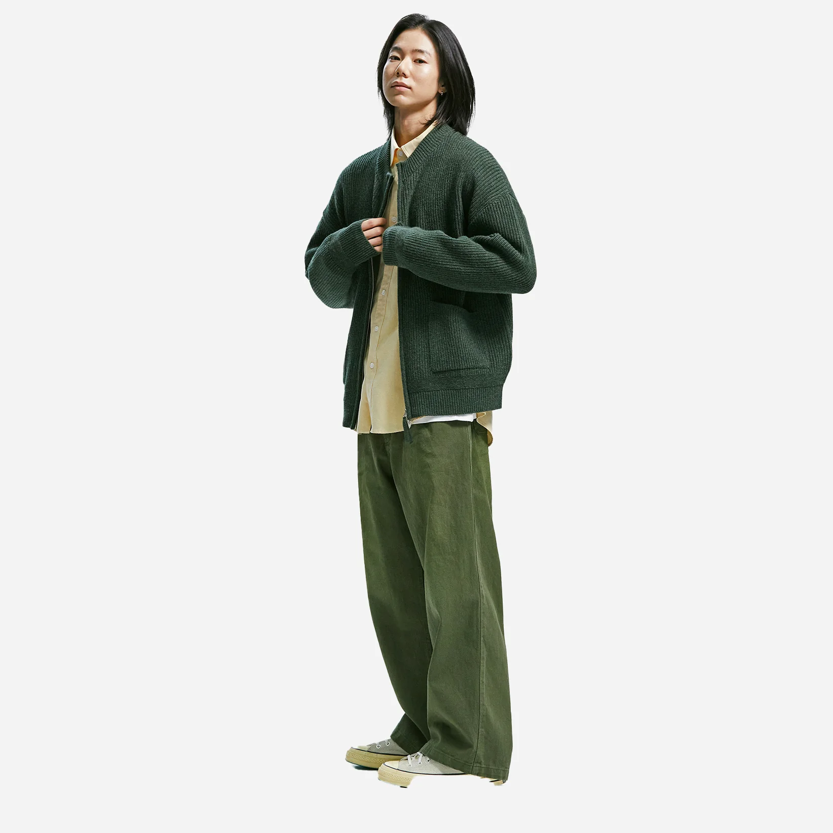 WOOL DECK ZIP UP CARDIGAN - FOREST GREEN - Image 3