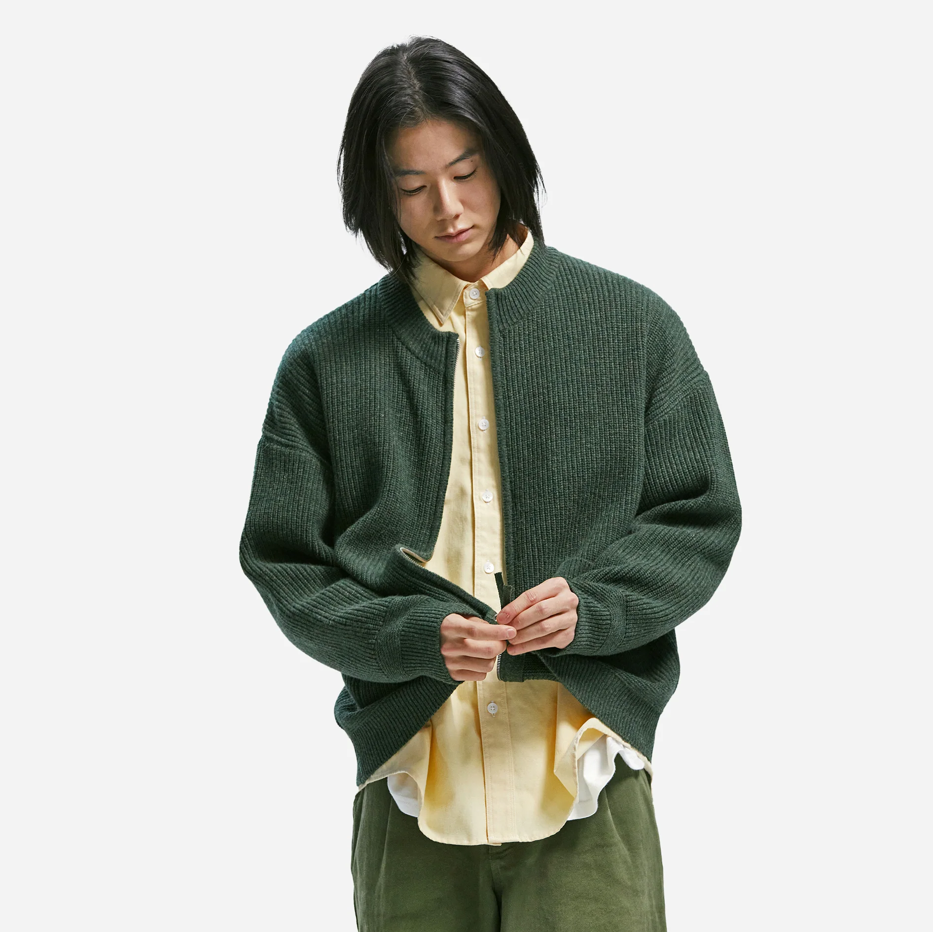 WOOL DECK ZIP UP CARDIGAN - FOREST GREEN - Image 4