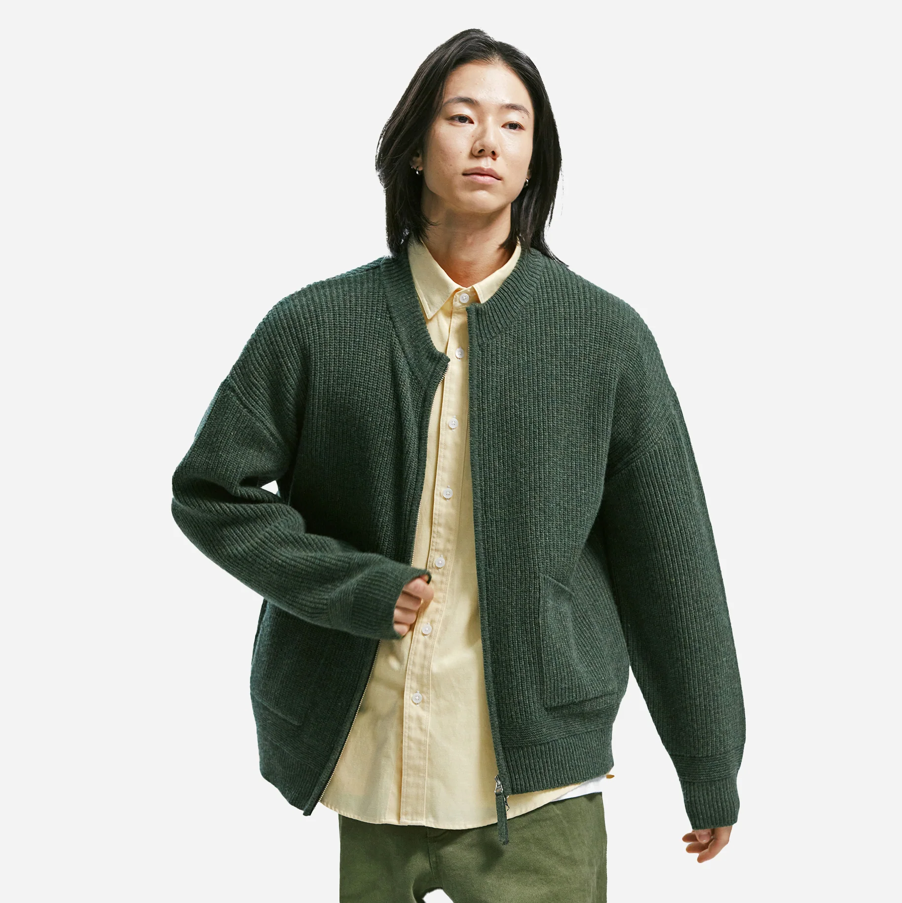 WOOL DECK ZIP UP CARDIGAN - FOREST GREEN - Image 5